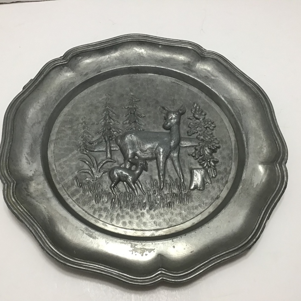 Vintage German Embossed Pewter Deer with Baby Woods Plate 9” Angel Mark on back